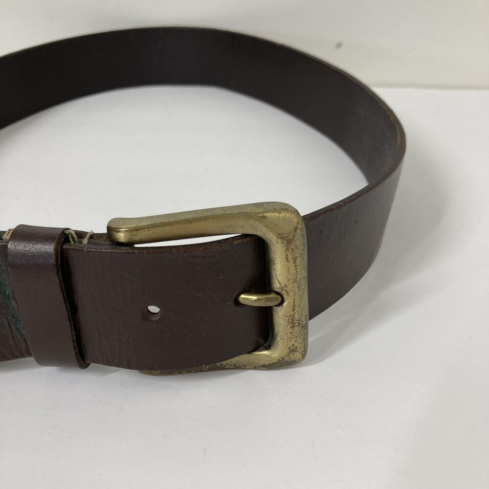 Timberland Leather Belt Mens 32 Brown Antique Brass Buckle Tree Logo Casual - Picture 2 of 14